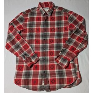 LUCKY BRAND Men Medium Red Gray Plaid Tribal Flannel Cotton Button-Up Shirt‎